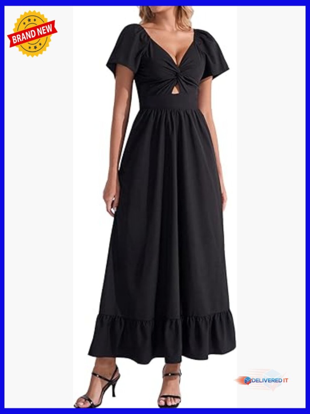 Summer Maxi Dress V-Neck Short Sleeve Back Bow Tie Flowy Beach Wedding Guest